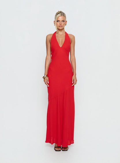Luannie Halter Scarf Tie Maxi Dress Red
