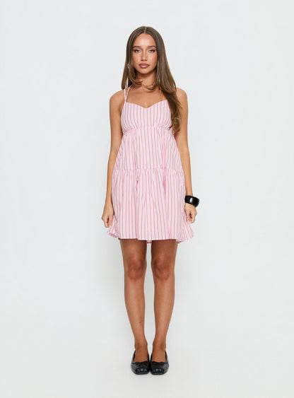 Elisabef Halter Mini Dress Pink Stripe