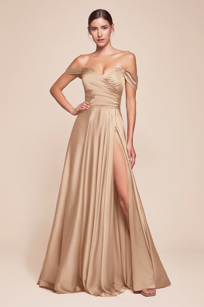 JILLIAN GOWN A- SOFT SATIN OFF THE SHOULDER DRESS
