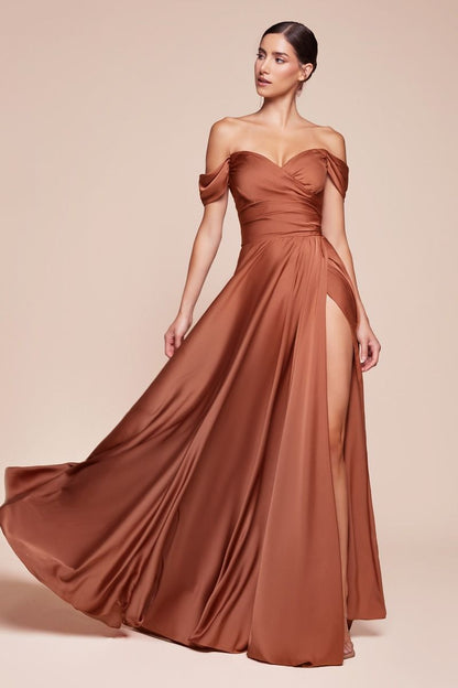 JILLIAN GOWN A- SOFT SATIN OFF THE SHOULDER DRESS