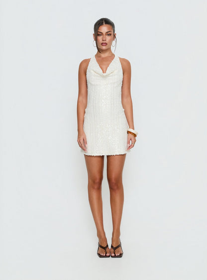 Kaimeila Halter Sequin Mini Dress Cream