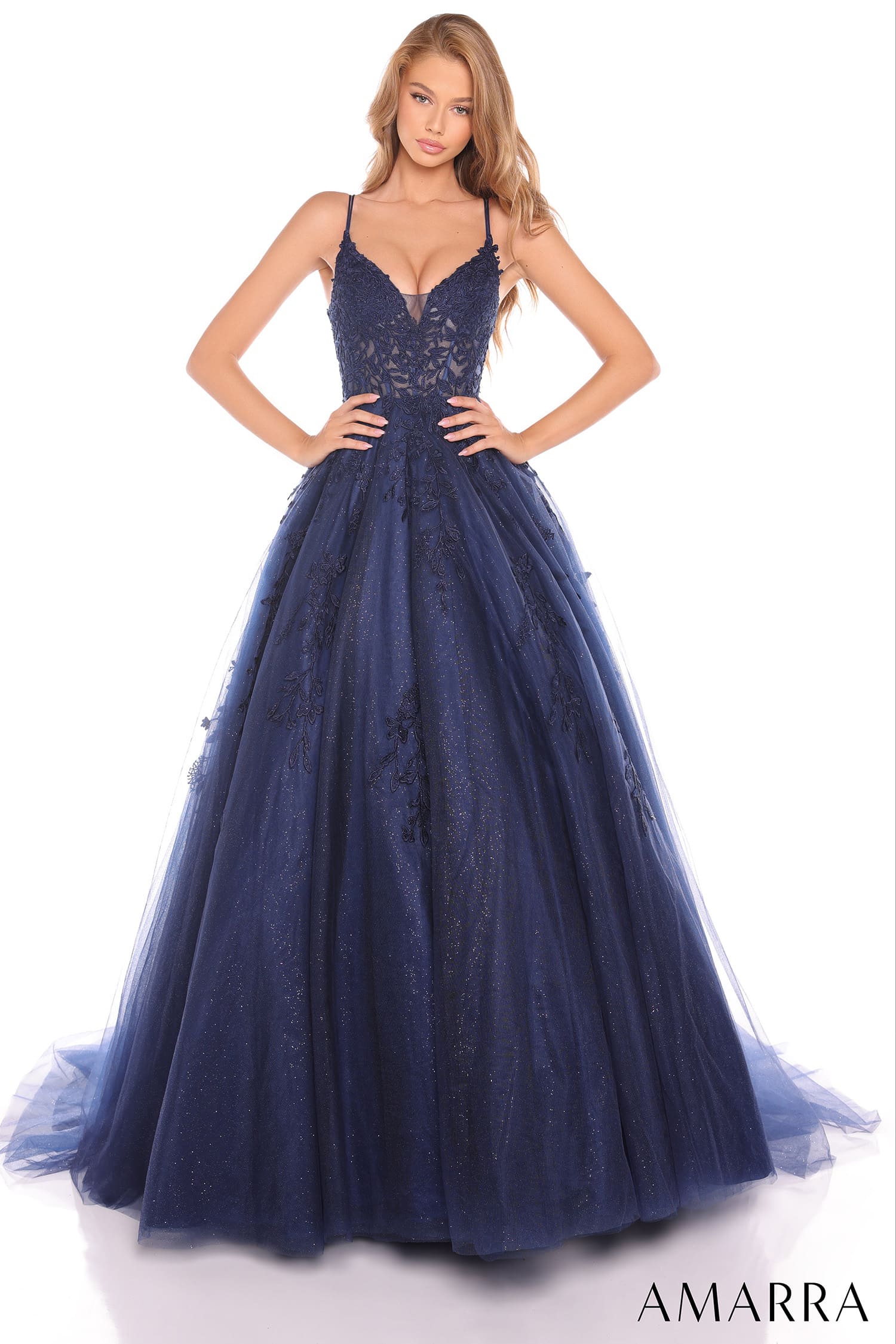 88536 Amarra Floral Ball Gown With Plunging V-Neckline
