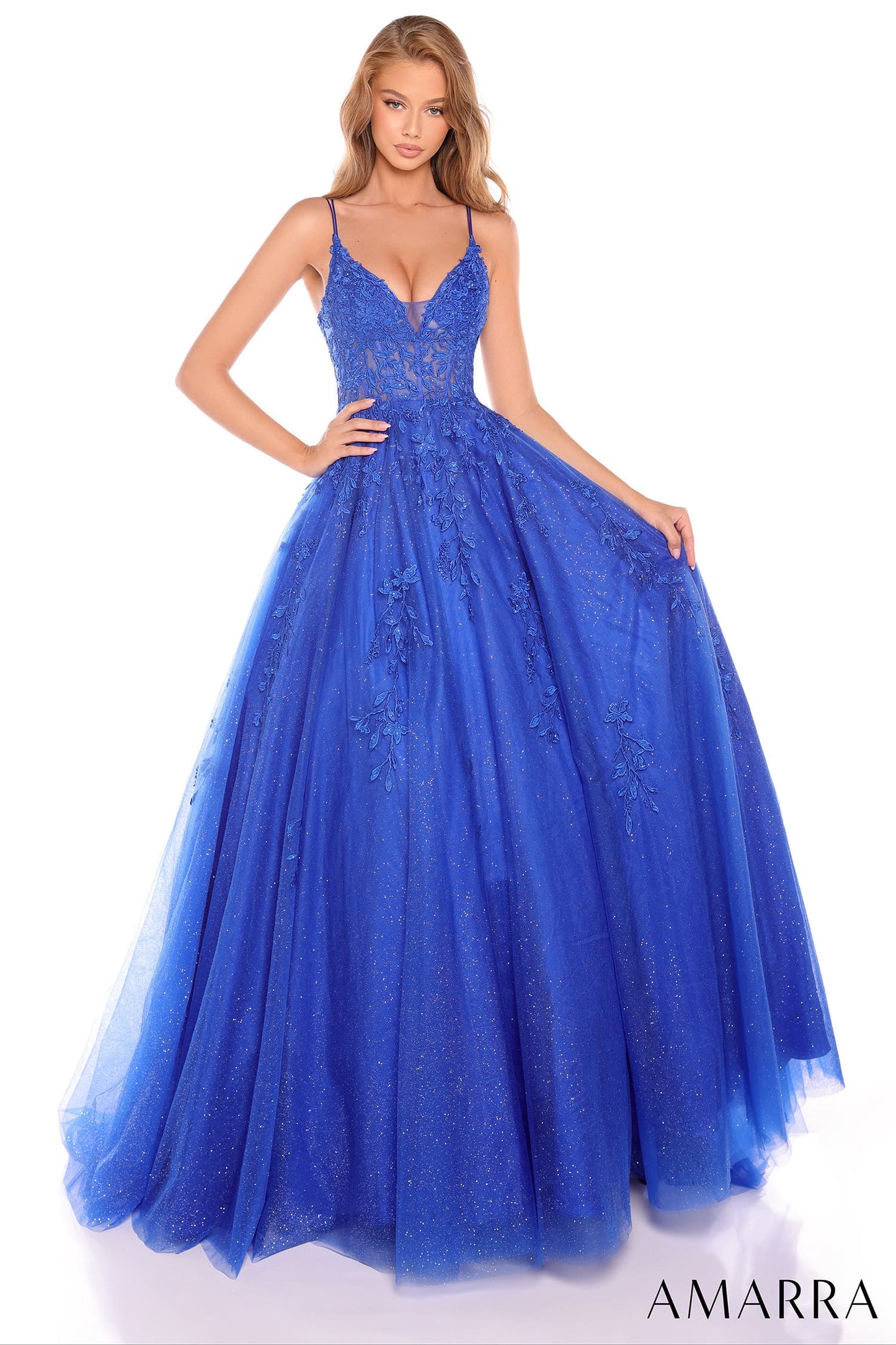 88536 Amarra Floral Ball Gown With Plunging V-Neckline