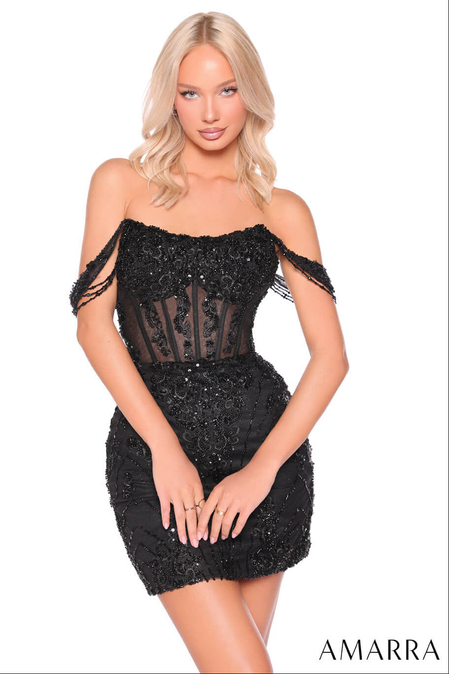 88900 Amarra Off-Shoulder Beaded Mini Dress