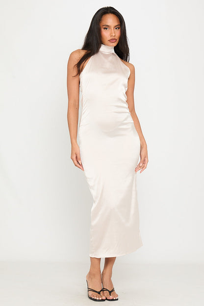 Champagne Satin High Neck Open Back Maxi Dress