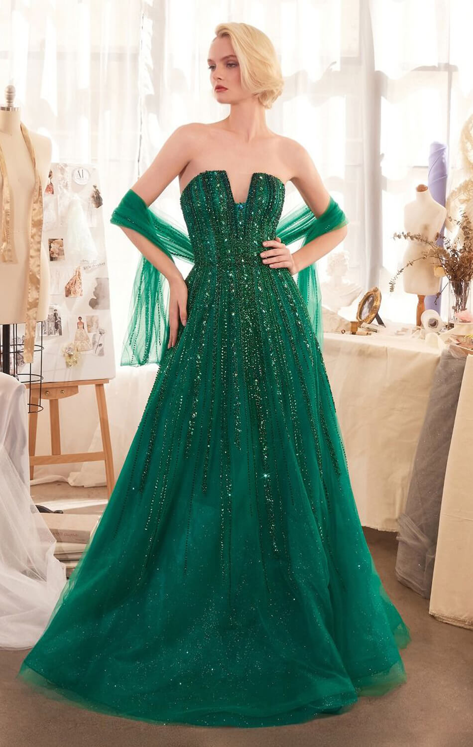 A1369 STRAPLESS BEADED A- DRESS Andrea & Leo