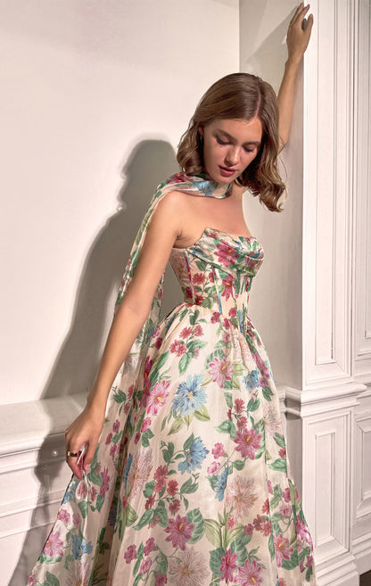 A1425 Tossed Bouquet Printed Organza Dress With Scarf Andrea & Leo