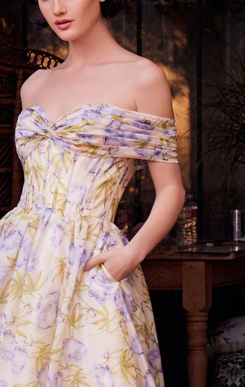 A1466 FLORAL PRINTED OFF THE SHOULDER A- DRESS Andrea & Leo