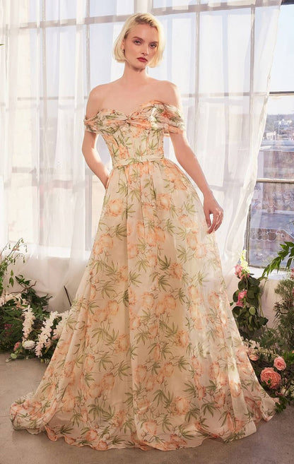 A1466 FLORAL PRINTED OFF THE SHOULDER A- DRESS Andrea & Leo