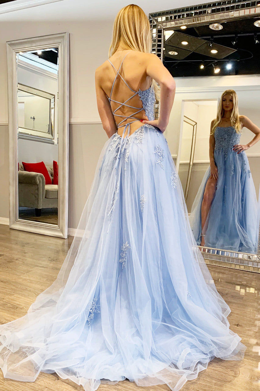 Alisha Gown Light Blue Tulle A- Dress With Open Back