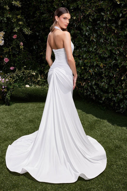 Autumn Gown Off-White Stretch Spandex Satin Halter Fitted Dress