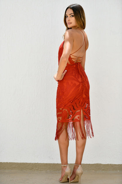 Size 2, Khaleesi Dress Burnt Orange Lace Dress With Fringe FINAL