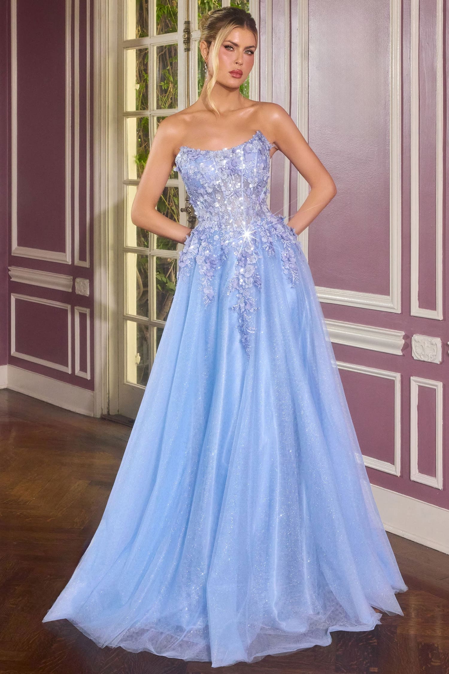 April Scoop Neck Ball Gown with Floral Appliqué