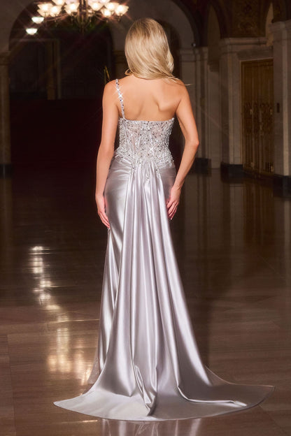 Kendra Gown Silver Dress With Train & Skirt Inset Detail