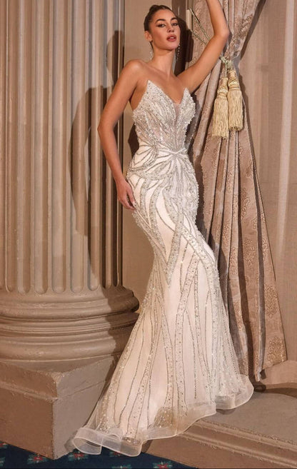 ADRIENNE GOWN OFF WHITE PEARL & CRYSTAL STRAPLESS FITTED DRESS