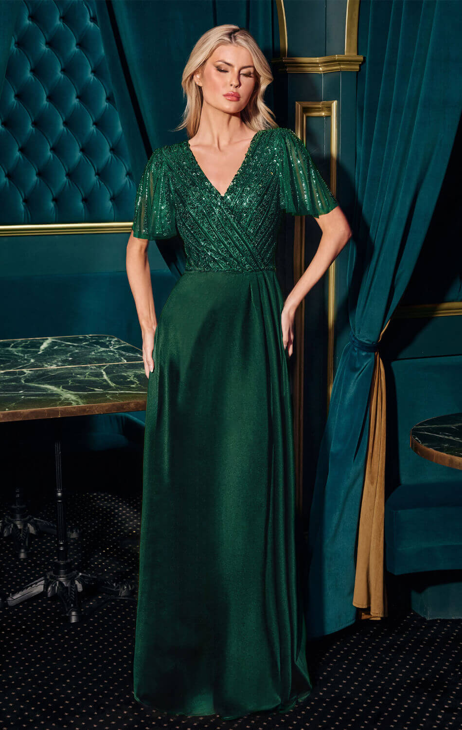 CARMINE GOWN BEADED A- DRESS WITH FLUTTER SLEEVES