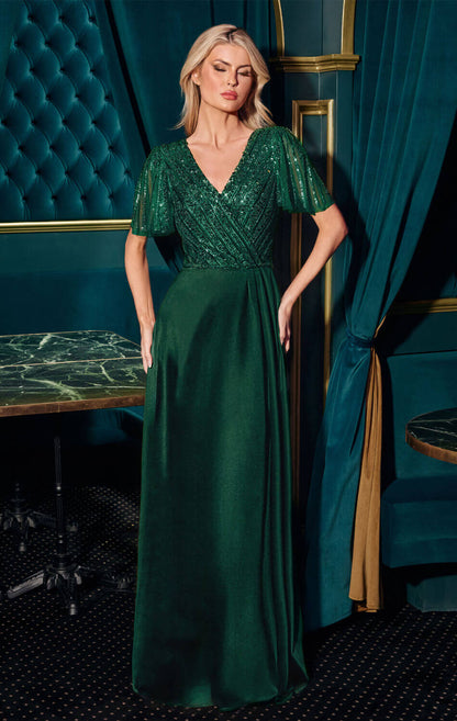 CARMINE GOWN BEADED A- DRESS WITH FLUTTER SLEEVES