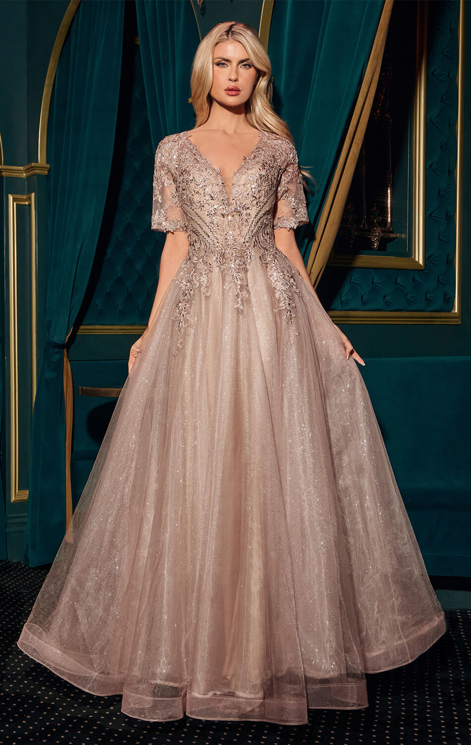 CLAUDIA GOWN SHORT SLEEVE A- GLITTER TULLE DRESS