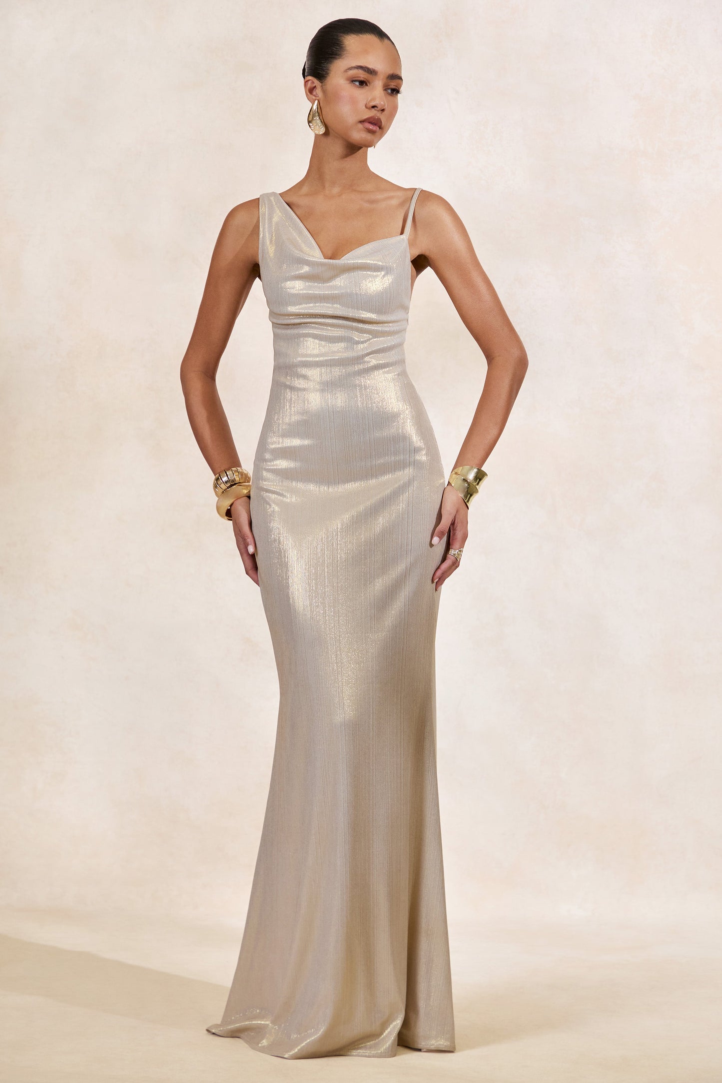 Galaxy Shimmer | Champagne Bias Cut Cowl Front Maxi Dress
