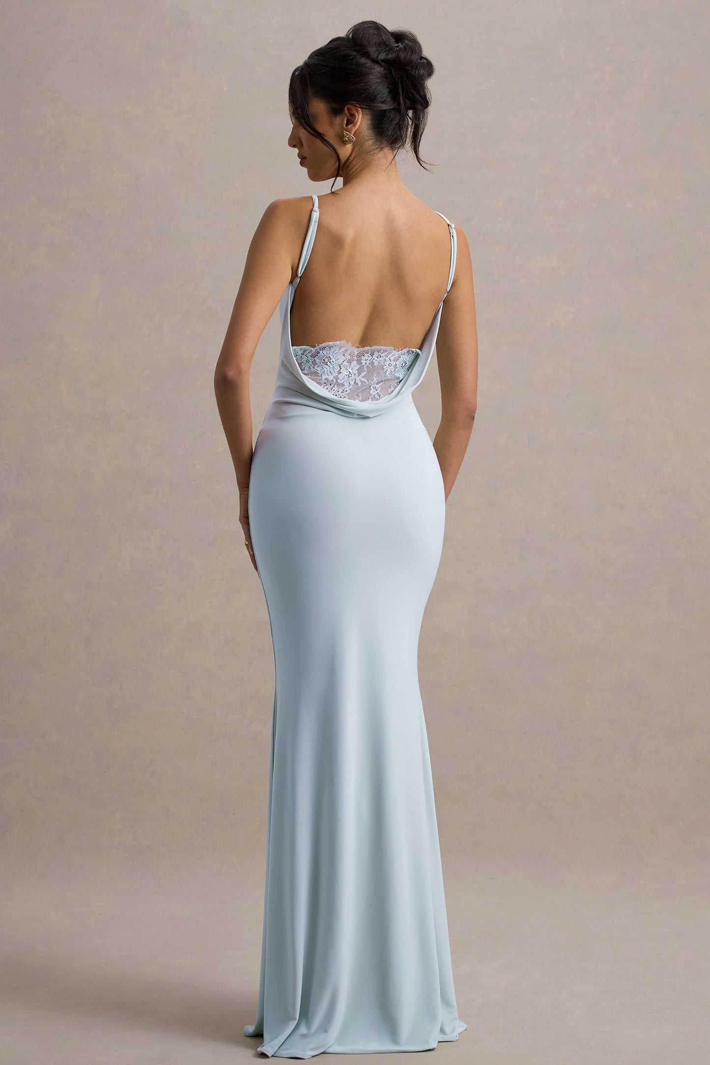 Francoise | Light Blue Cowl Neck Backless Maxi Dress With Lace Insert