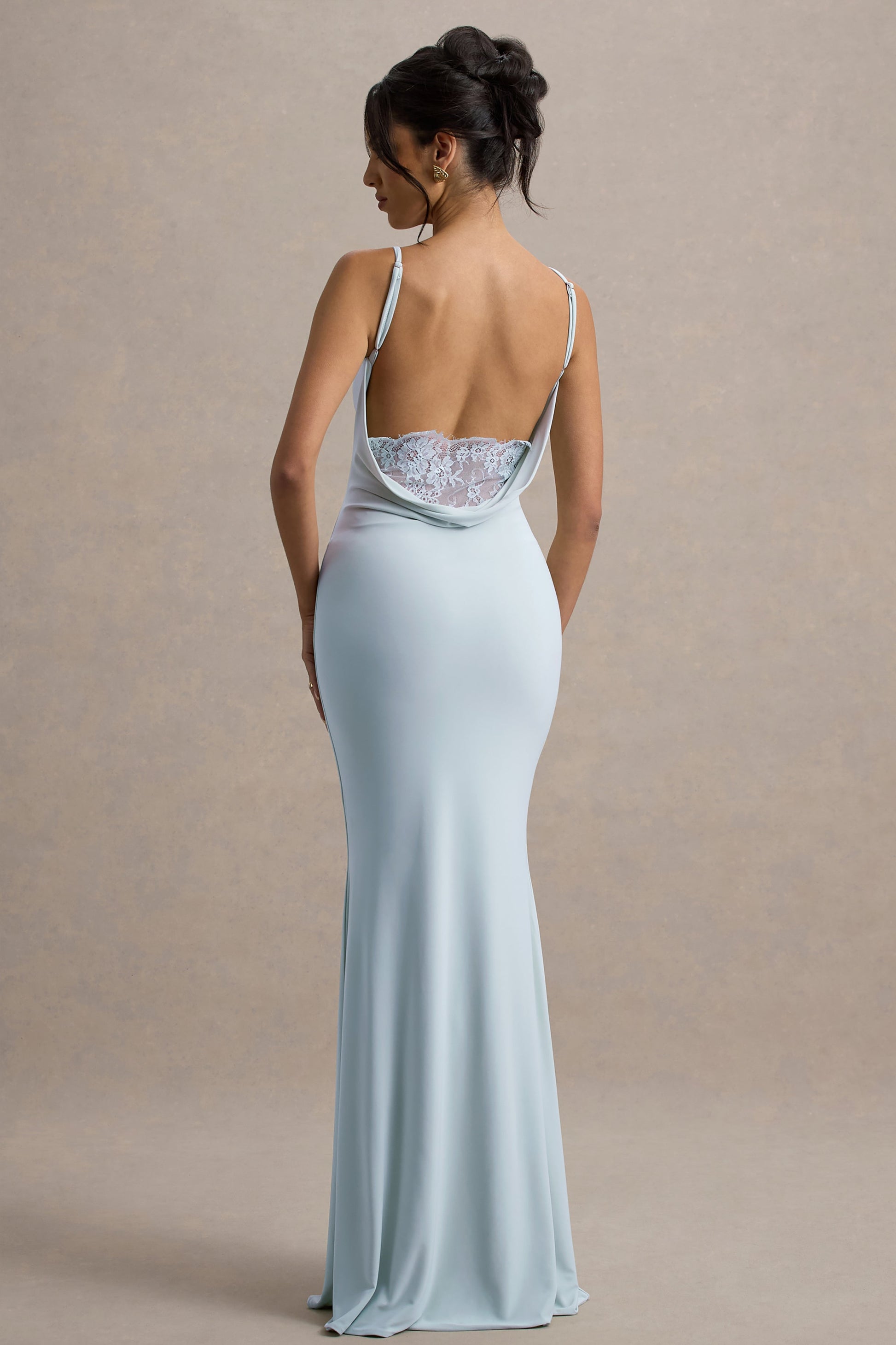 Francoise | Light Blue Cowl Neck Backless Maxi Dress With Lace Insert