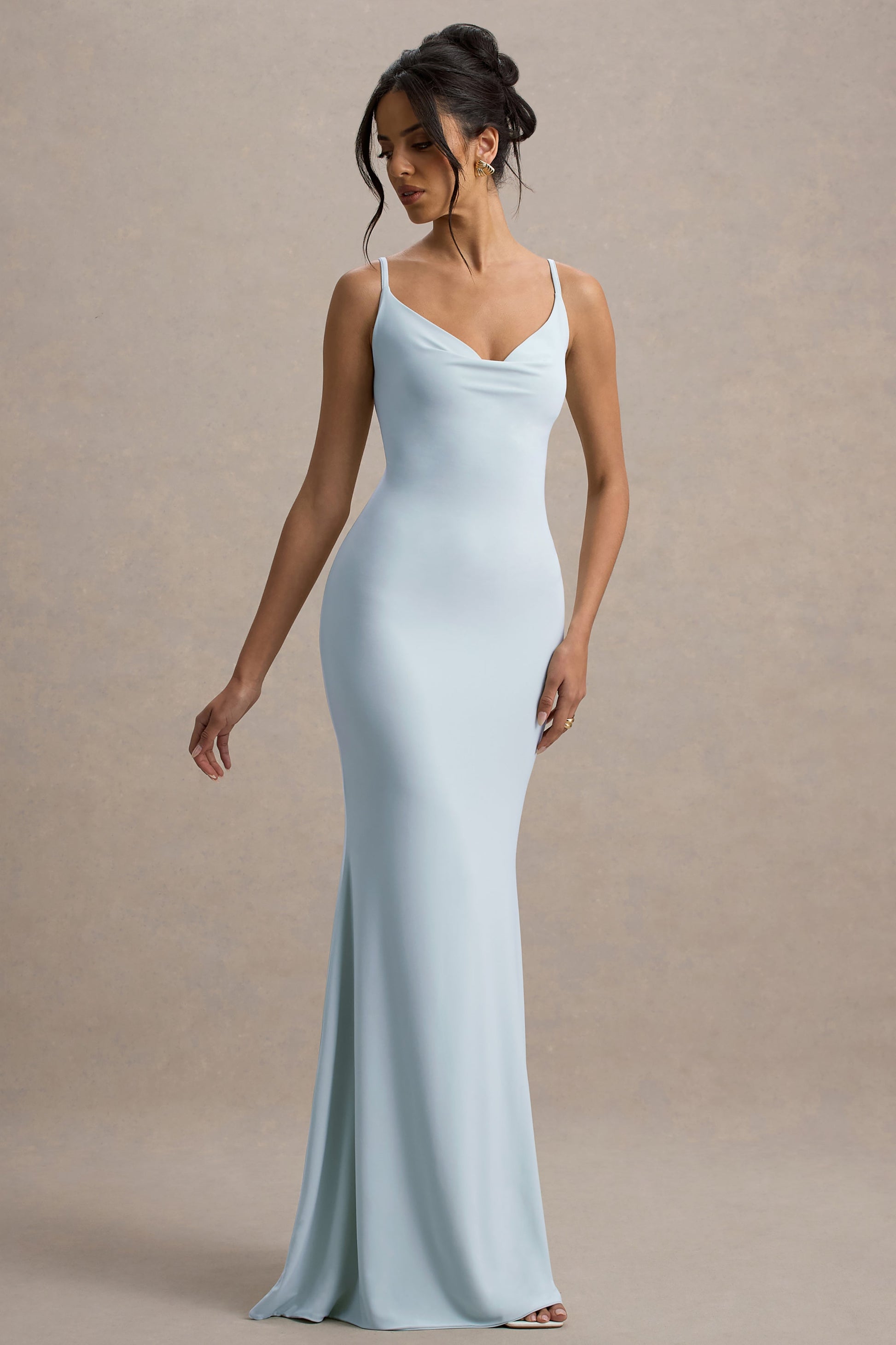 Francoise | Light Blue Cowl Neck Backless Maxi Dress With Lace Insert