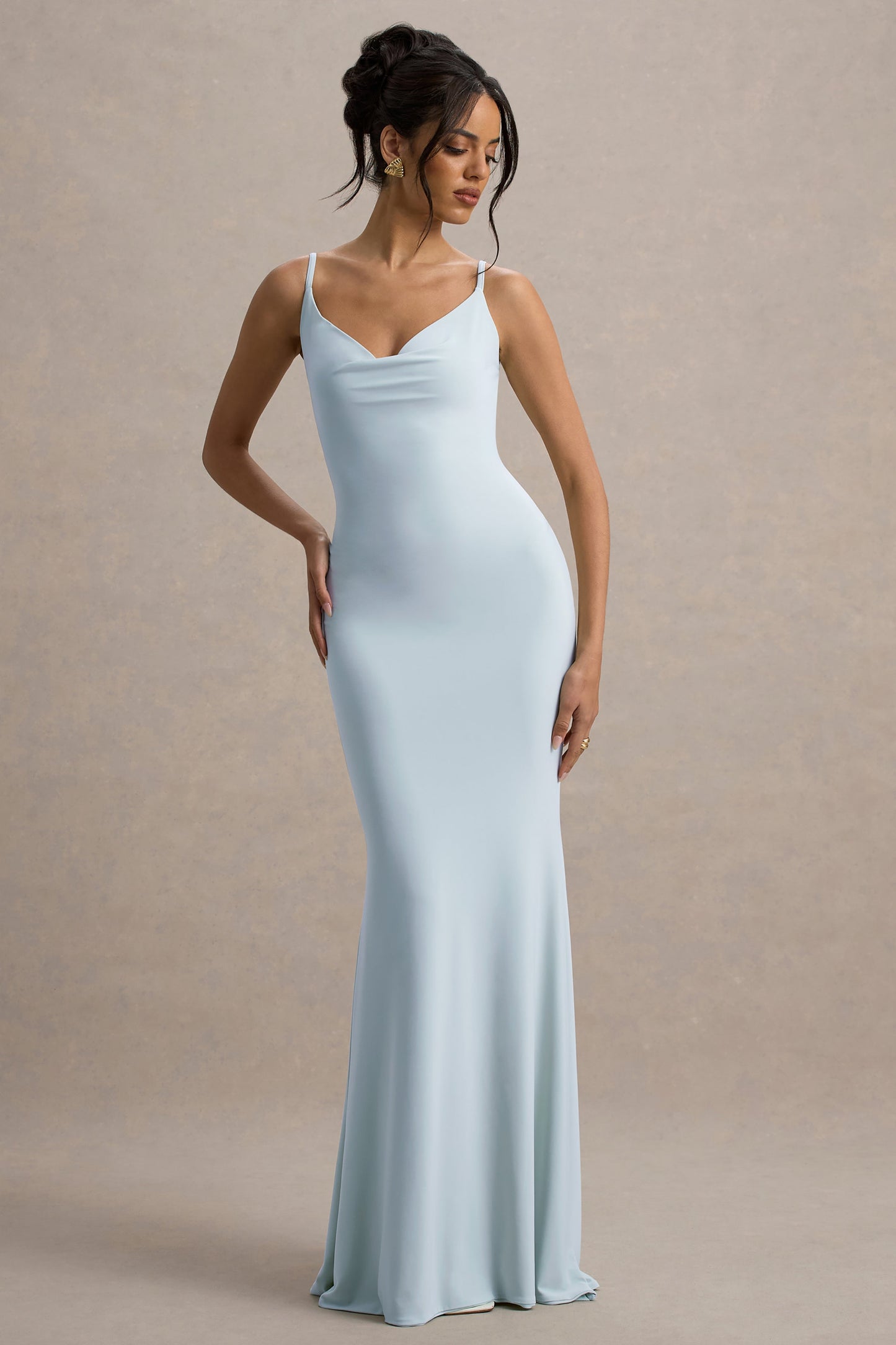 Francoise | Light Blue Cowl Neck Backless Maxi Dress With Lace Insert