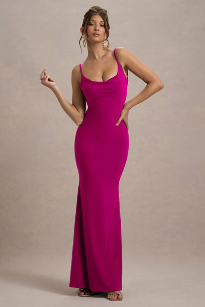 Francoise | Dark Pink Cowl Neck Backless Maxi Dress With Lace Insert