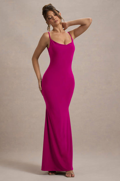 Francoise | Dark Pink Cowl Neck Backless Maxi Dress With Lace Insert