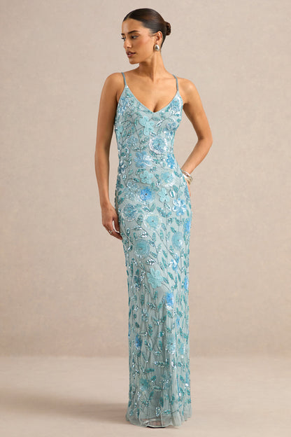 Gemini | Blue Embellished Strappy Maxi Dress