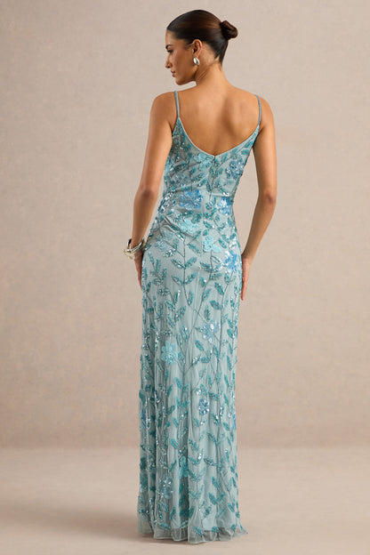 Gemini | Blue Embellished Strappy Maxi Dress