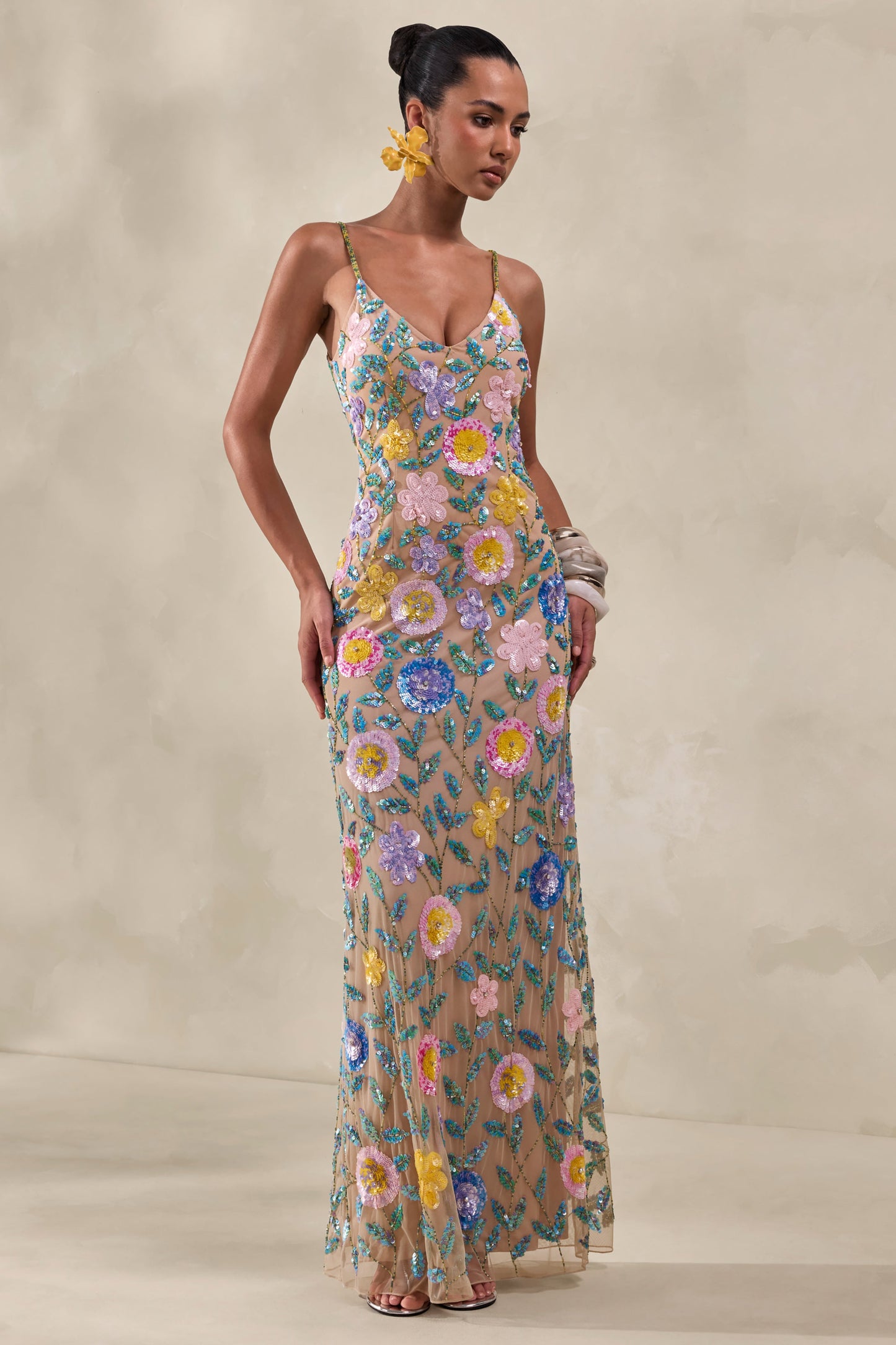 Gemini | Nude Floral Embellished Strappy Maxi Dress