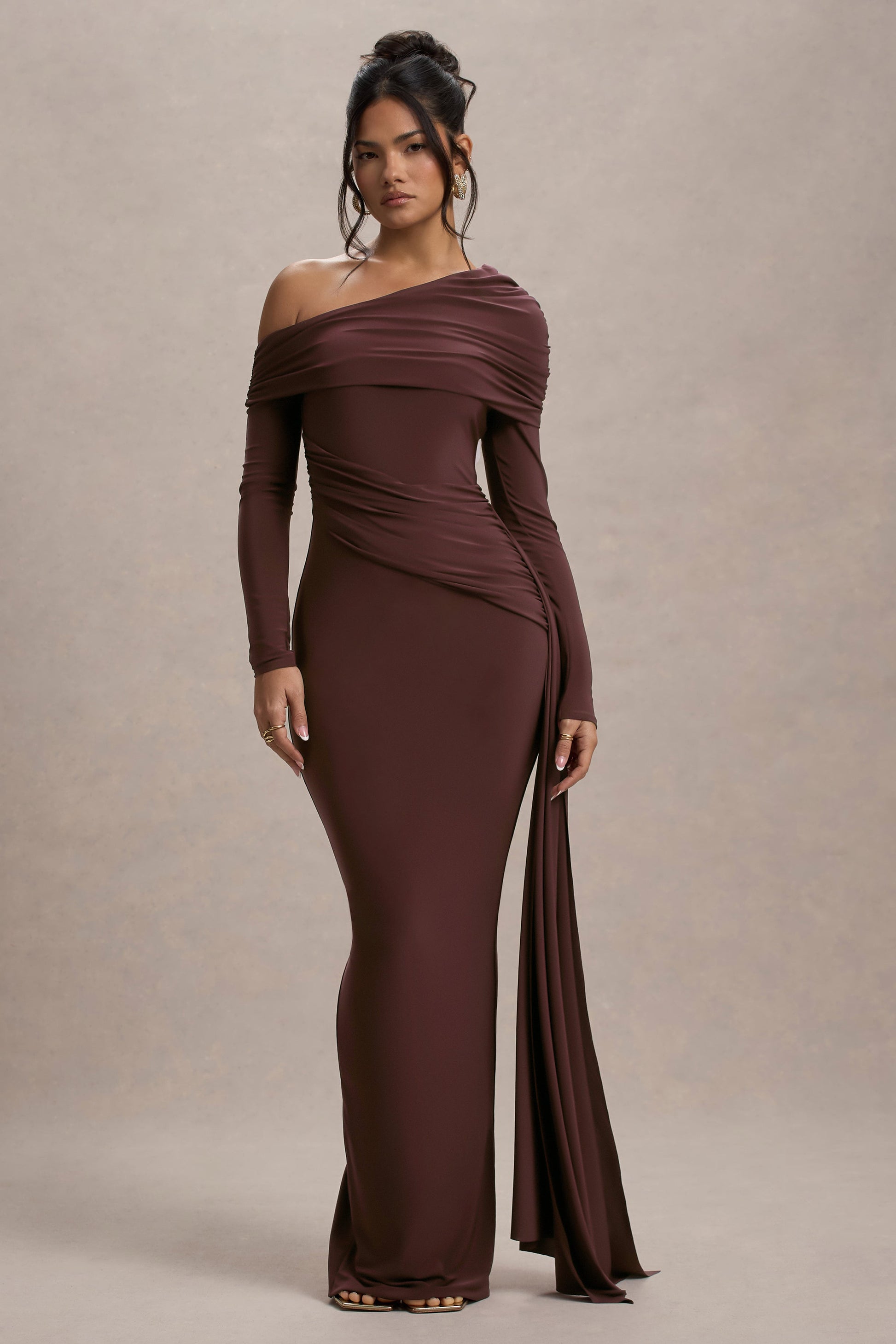 Valina | Brown Ruched Asymmetric Maxi Dress With Drape