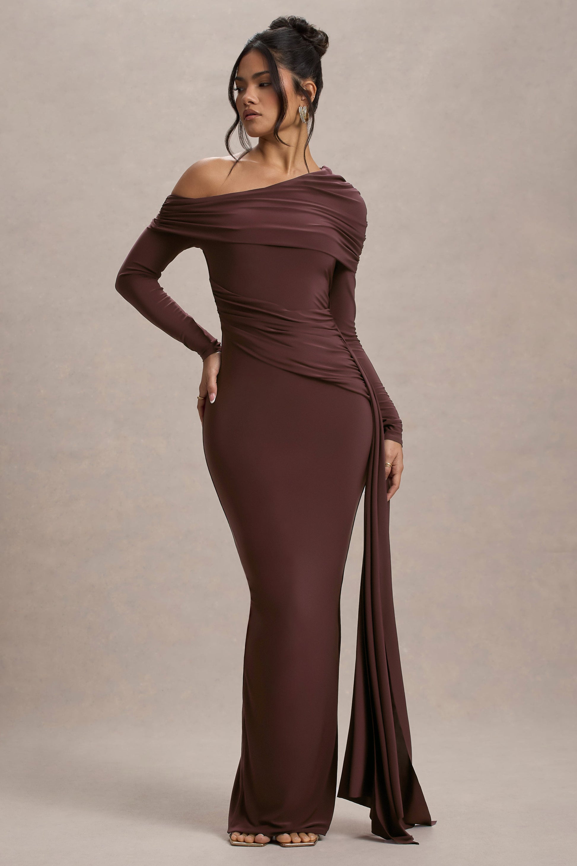 Valina | Brown Ruched Asymmetric Maxi Dress With Drape