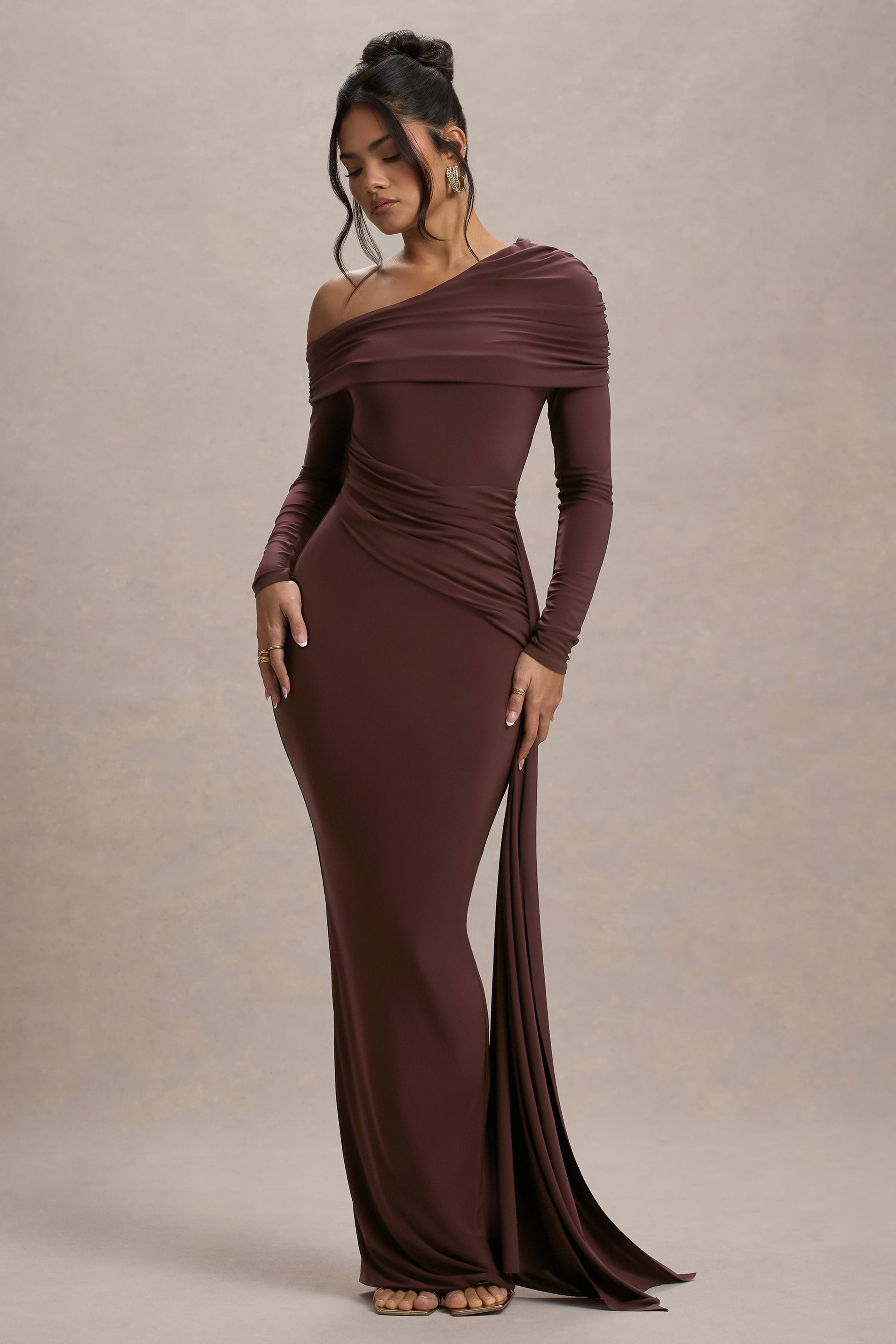 Valina | Brown Ruched Asymmetric Maxi Dress With Drape