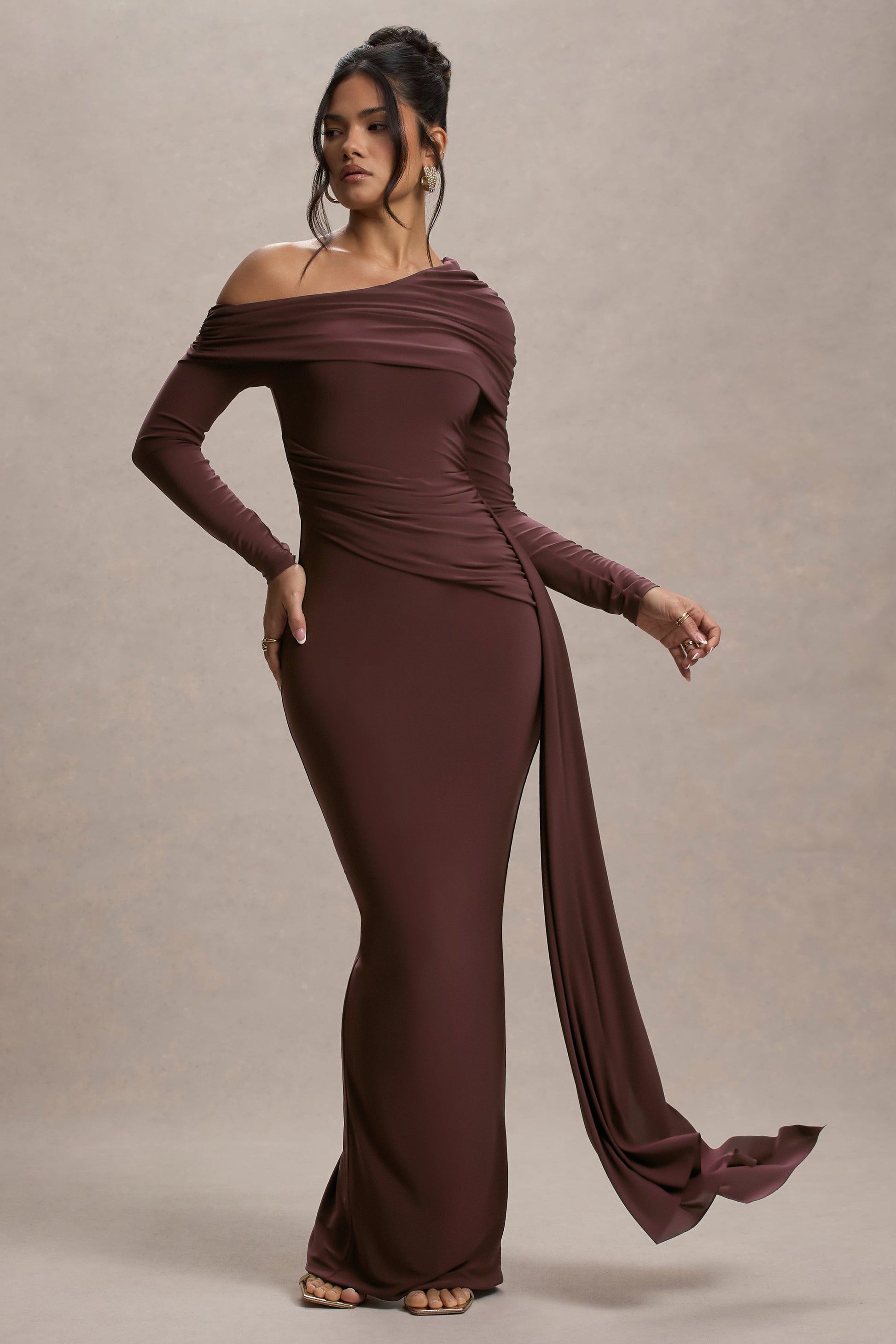 Valina | Brown Ruched Asymmetric Maxi Dress With Drape