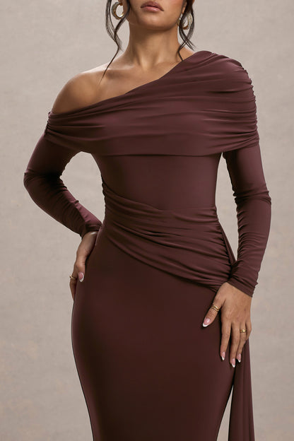 Valina | Brown Ruched Asymmetric Maxi Dress With Drape