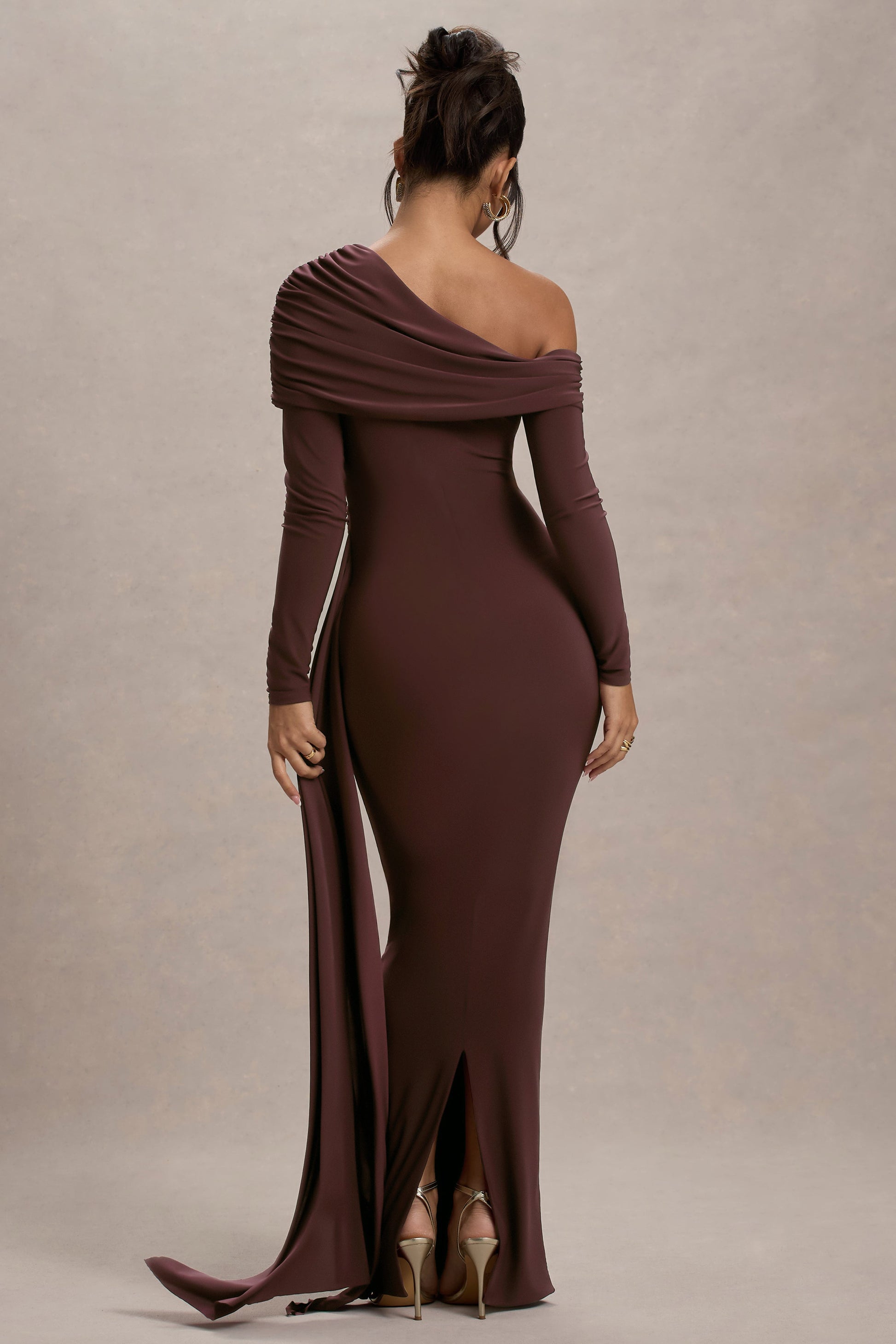 Valina | Brown Ruched Asymmetric Maxi Dress With Drape
