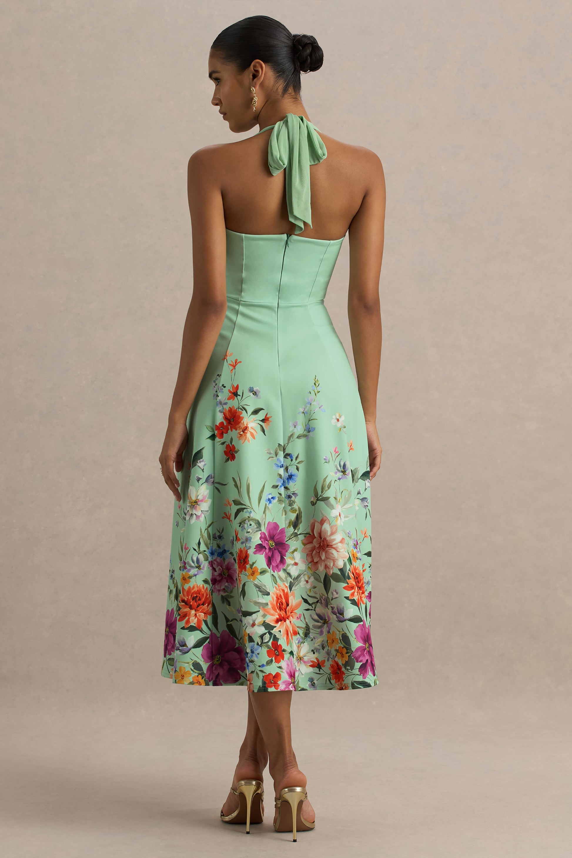Auburn | Mint Placement Floral Halter Skater Midi Dress