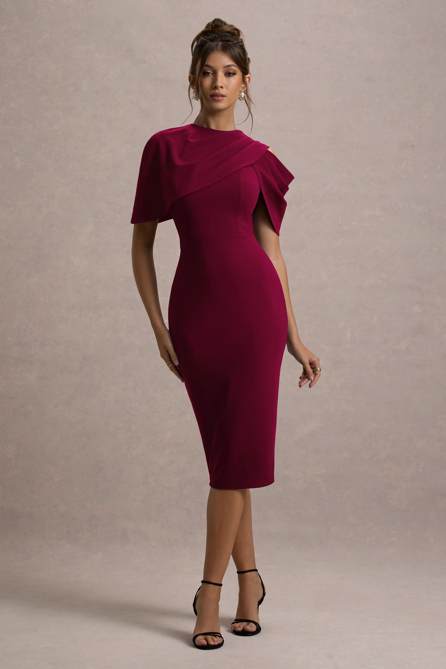 Dorothea | Berry Draped Midi Dress With Cape