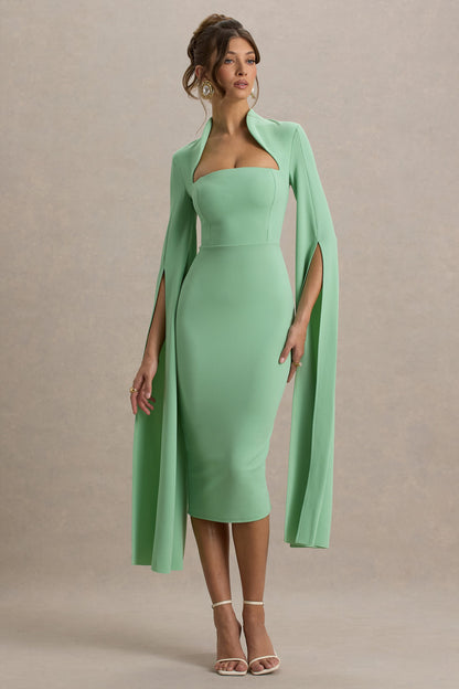 Linden | Light Green Bodycon Cape-Sleeve Midi Dress