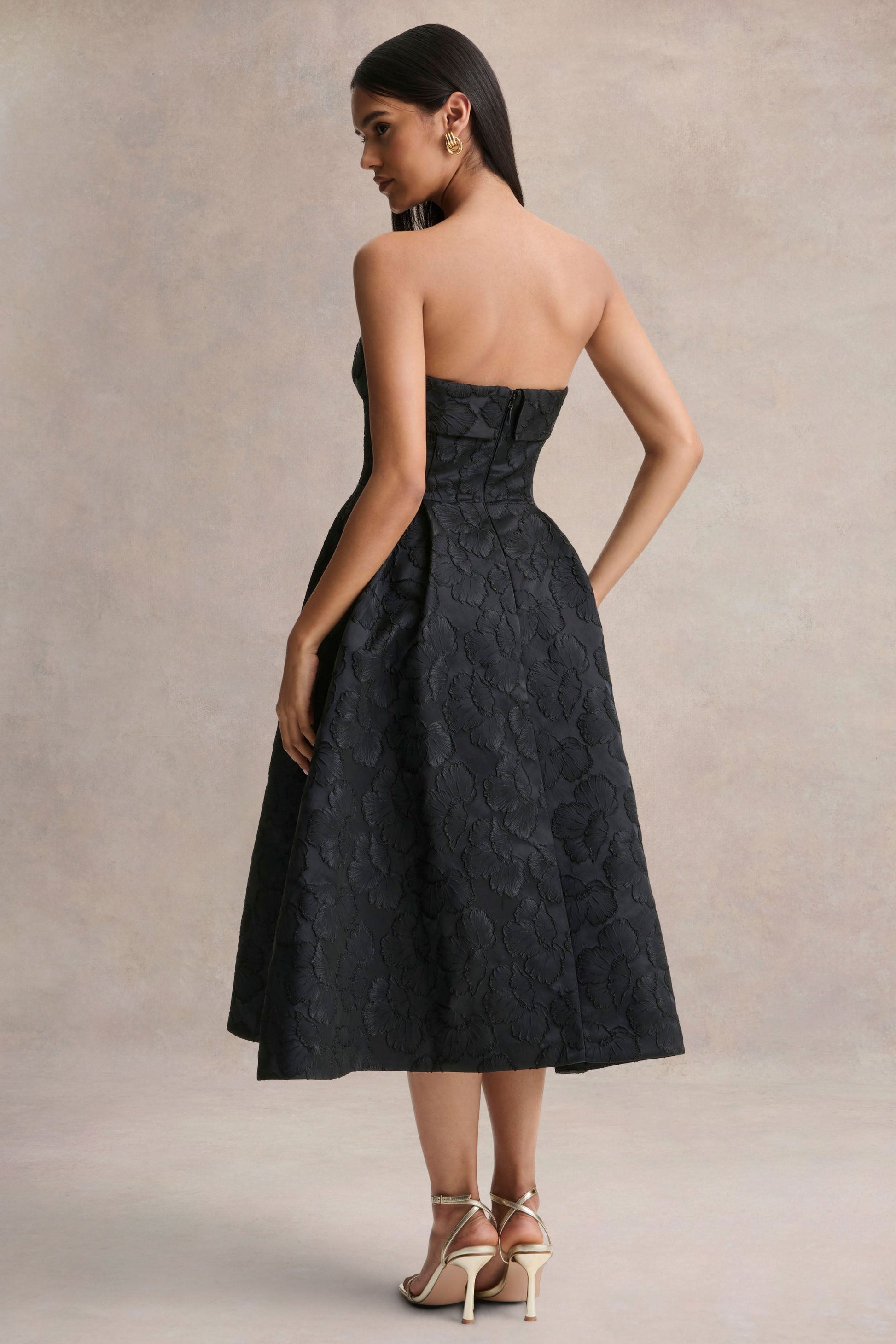 Zuma | Black Metallic Jacquard Strapless Midi Dress