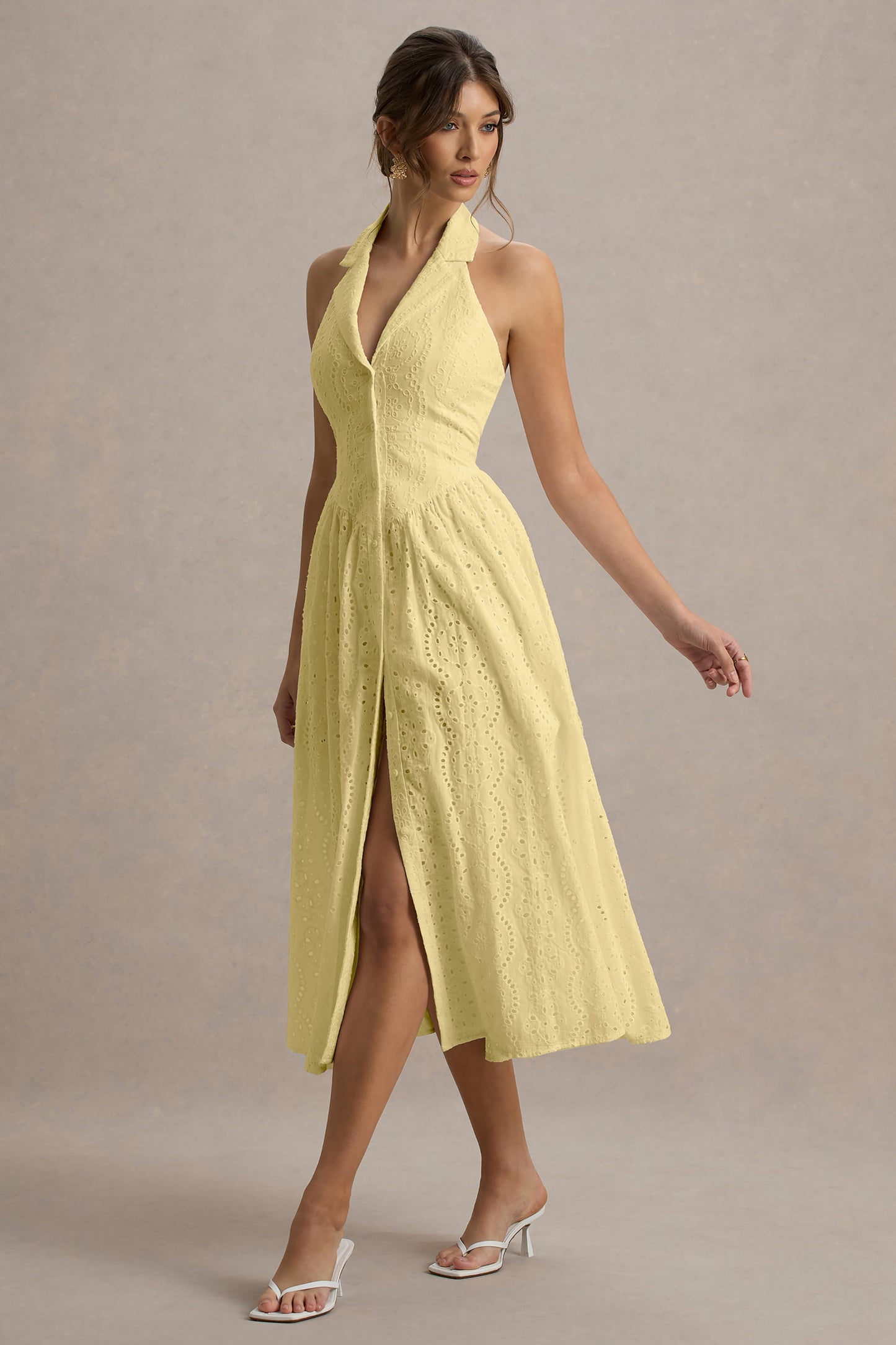 Jezebel | Yellow Lace Plunge-Neck Collared Midi Dress