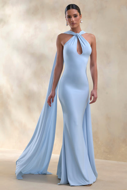 Rhoda | Powder Blue Twist Halter-Neck Cape Maxi Dress