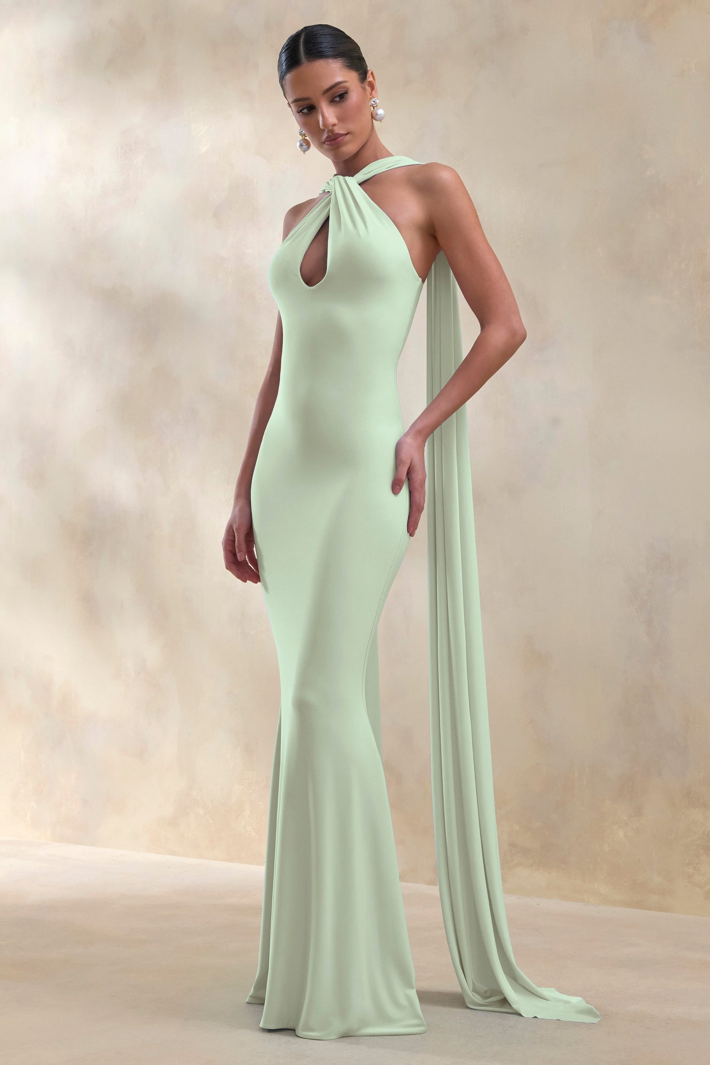 Rhoda | Mint Twist Halter-Neck Cape Maxi Dress