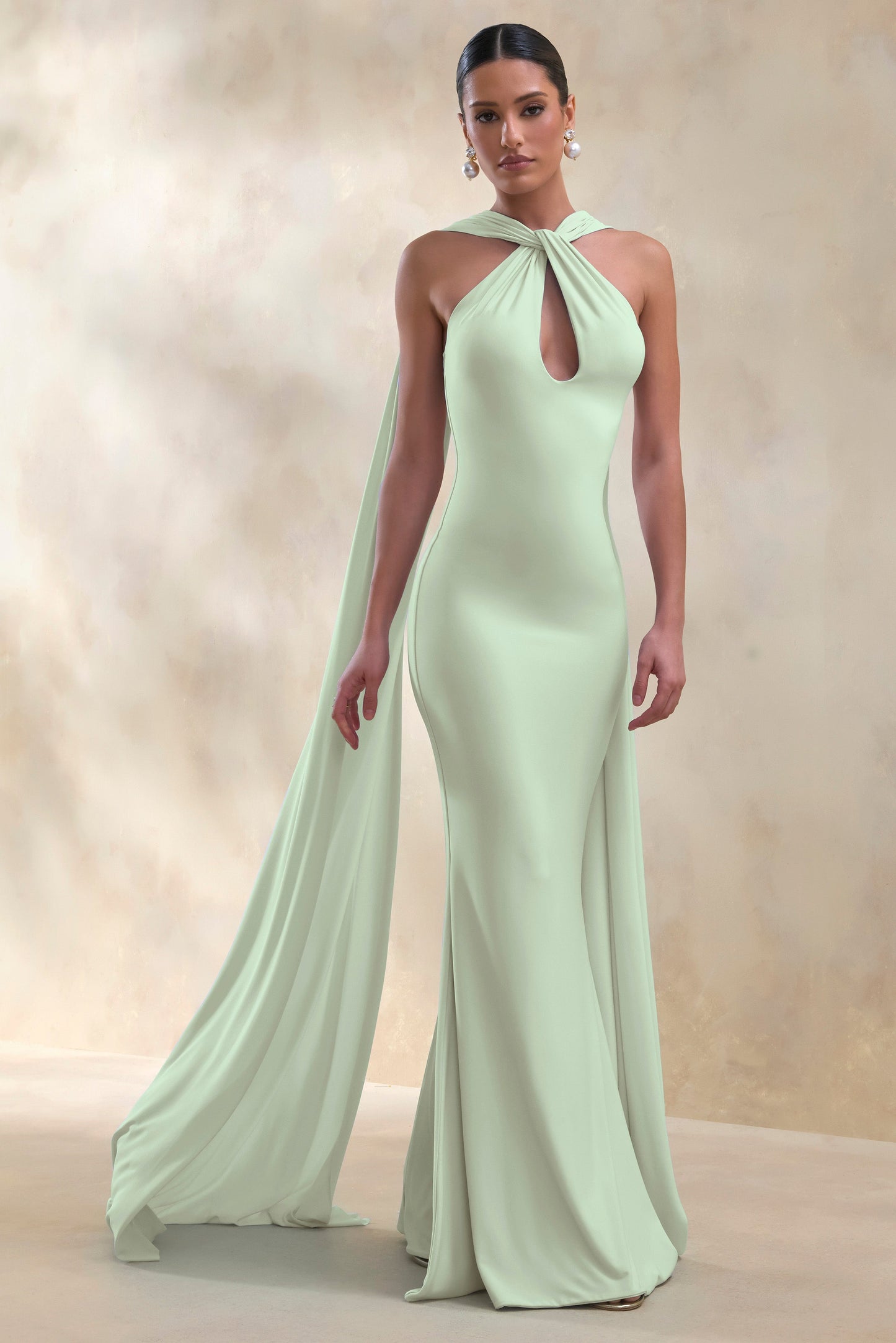 Rhoda | Mint Twist Halter-Neck Cape Maxi Dress