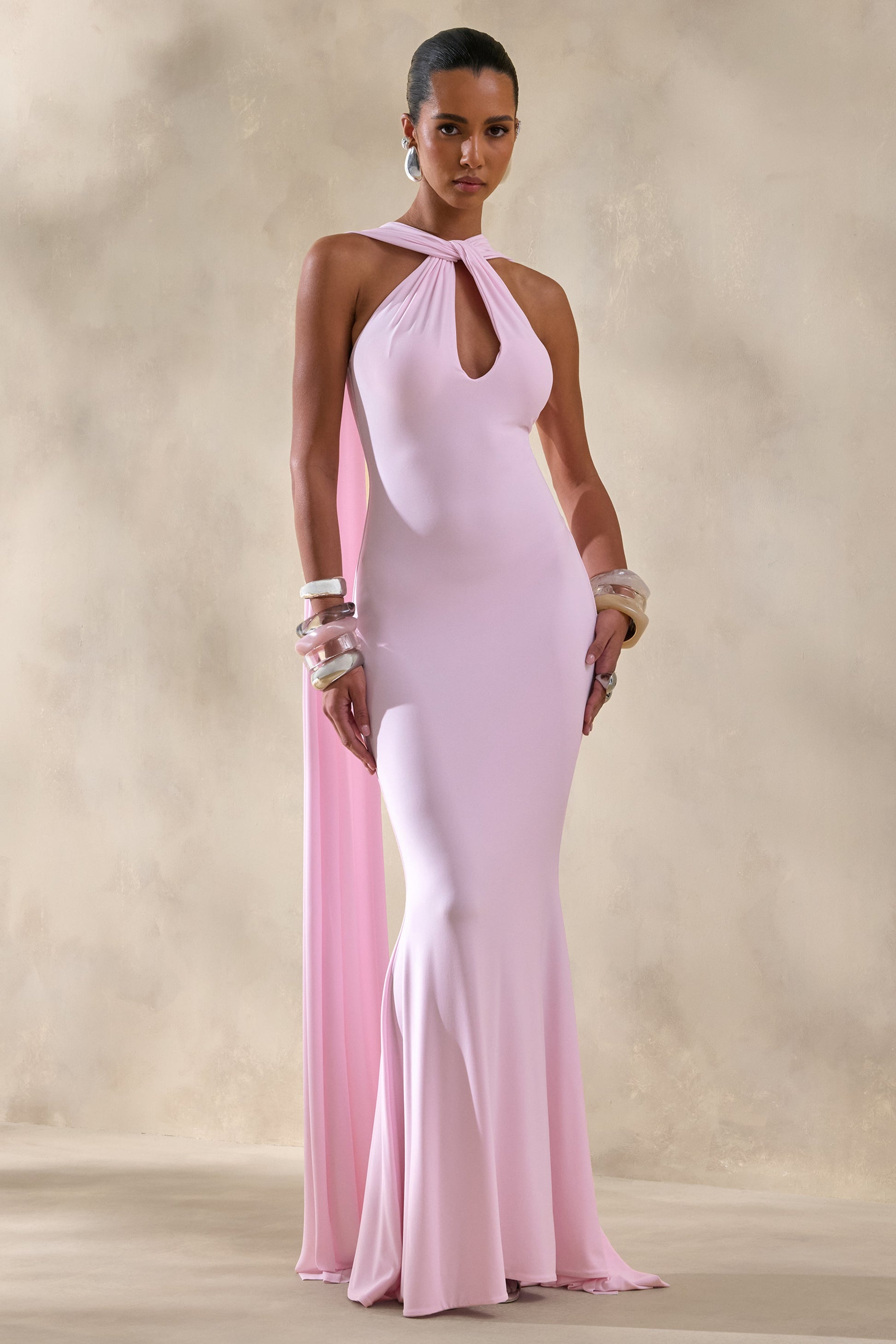 Rhoda | Light Pink Twist Halter-Neck Cape Maxi Dress