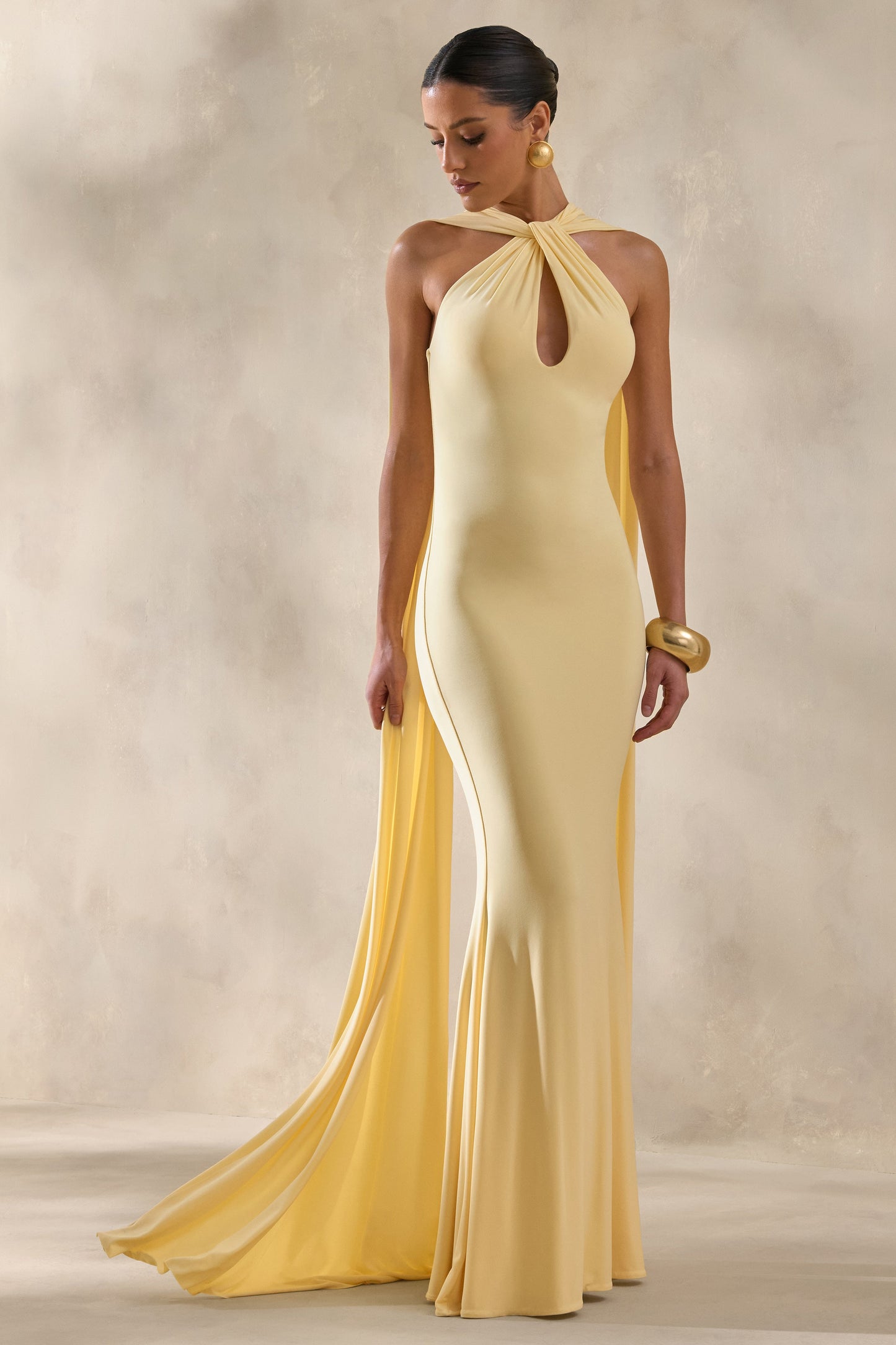 Rhoda | Lemon Twist Halter-Neck Cape Maxi Dress
