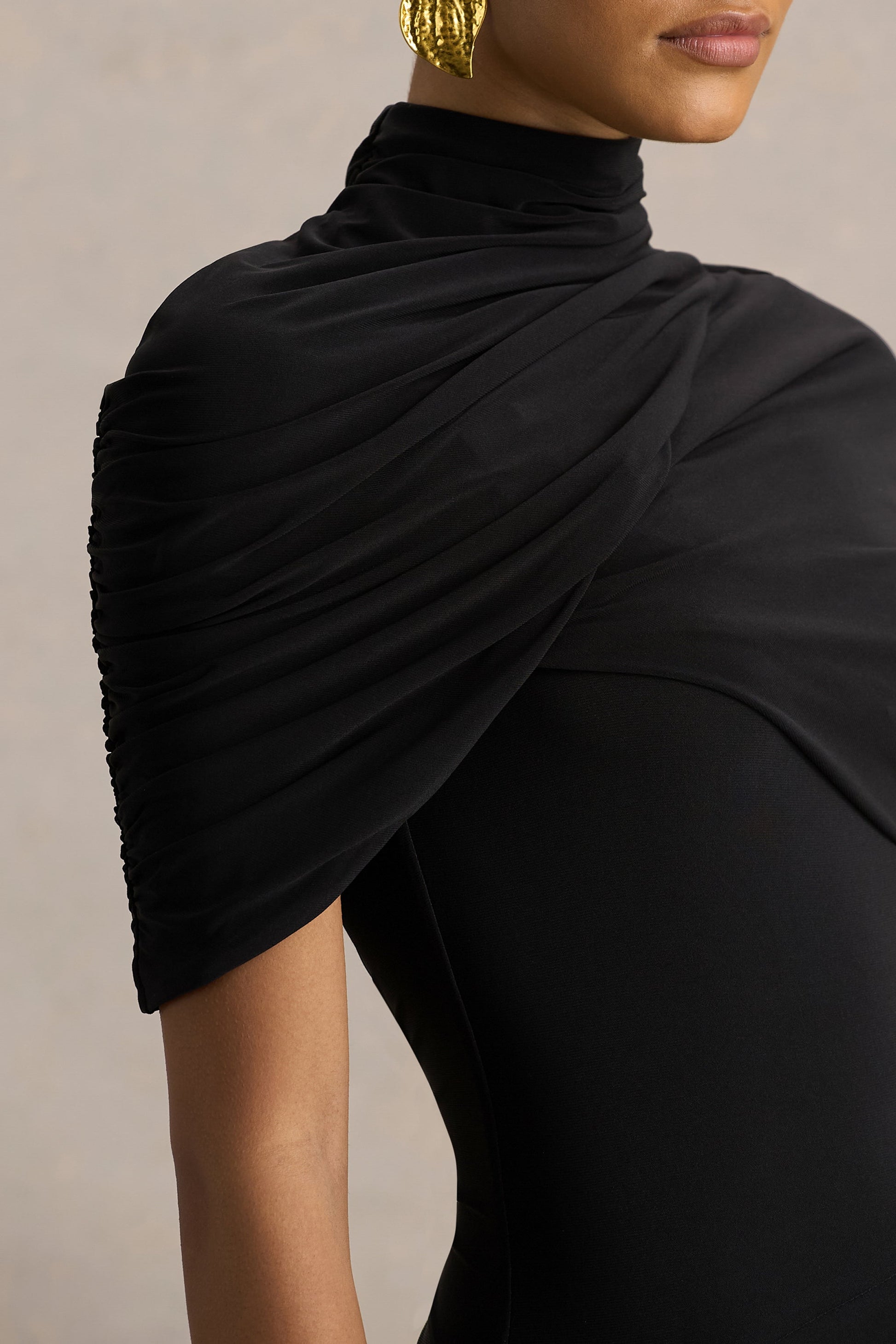 Enchant | Black Asymmetric Twisted Cape Midi Dress