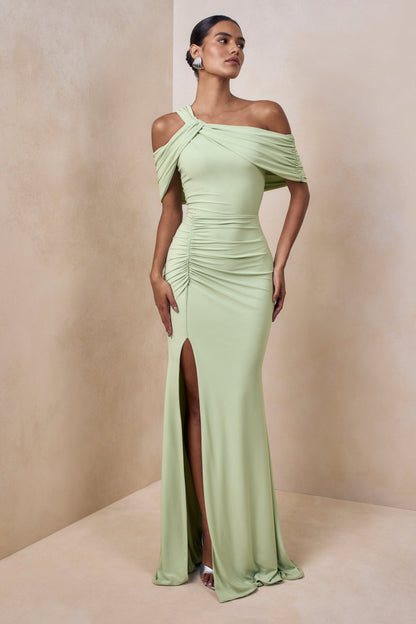 Nala | Mint Asymmetric-Neck Maxi Dress With Gathered Detailing
